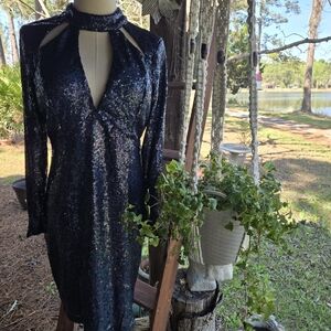 Charlotte Russe Navy Blue Iridescent Sequin Va-Va Voom Formal Midi Dress Size L